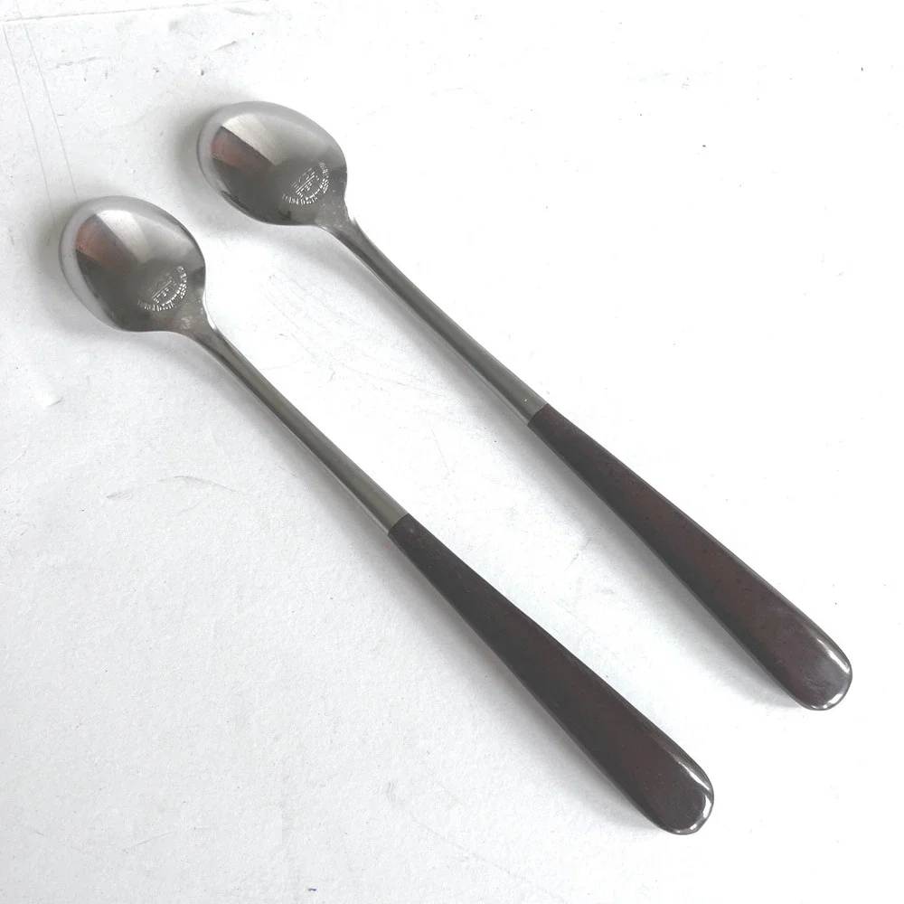 Ekco Eterna Iced Tea Spoons Set of 2 Forged Stainless Japan Brown MCM 7.75 inch